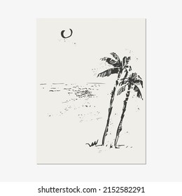 Hand drawn palm trees black ink sketch, seaside, waves, sun, beach. Summer holiday background. Exotic plants, island vacation, tropical flora, travel design.