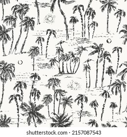 Hand drawn palm trees black ink sketch seamless pattern. Summer holiday background. Exotic plants, island vacation, tropical flora, travel design.