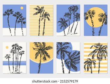 Hand drawn palm trees colorful universal card set. Summer holiday background. Exotic plants, island vacation, tropical flora, travel design.