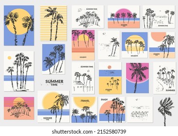 Hand drawn palm trees colorful universal card set. Summer holiday background. Exotic plants, island vacation, tropical flora, travel design.