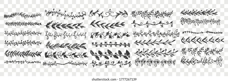 Hand drawn palm trees doodle set. Collection of pen ink pencil drawing sketches tree branches with leaves isolated on transparent background. Illustration of different patterns.