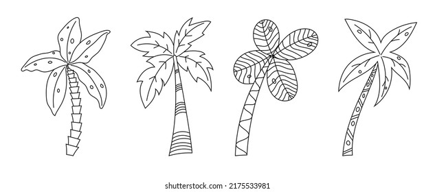 Hand Drawn Palm Trees Doodle Set. Set Of Hand Drawn Coconut Tree Isolated On White Background. Vector Illustration