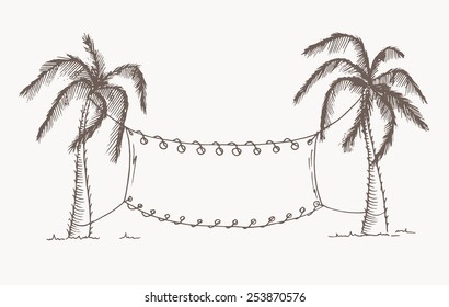 Hand drawn palm trees with empty place for text. Vector, editable image.