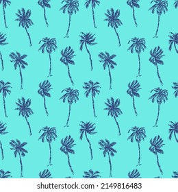 Hand drawn palm trees green mint and blue seamless pattern. Summer holiday background. Exotic plants, island vacation, tropical flora, travel design.