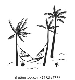 Hand drawn palm trees with hammock on the beach