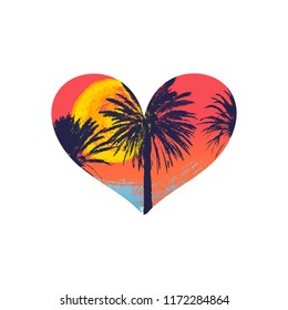 Hand drawn palm trees with a heart shape and grungy paint background. Concept design element for t-shirt prints. Vector illustration EPS 10 file.
