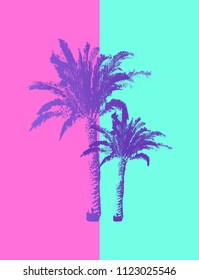 Hand drawn Palm Trees isolated on pastel colors background. Design element for t-shirt prints. Colorful Palm fashion art. Tropical mood. Vector illustration