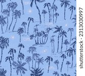 Hand drawn palm trees on the beach seamless pattern in blue colors. Summer holiday background. Exotic plants, island vacation, tropical flora, travel design.