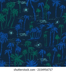 Palmeras dibujadas a mano en la playa, sin fisuras en azul y verde. Fondo nocturno de verano. Plantas exóticas, vacaciones en la isla, flora tropical, diseño de viajes.