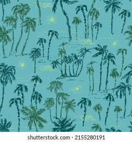 Hand drawn palm trees on the beach seamless pattern in mint green. Summer holiday background. Exotic plants, island vacation, tropical flora, travel design.