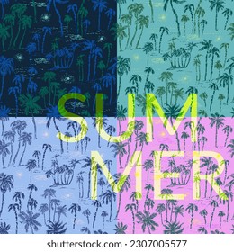 Hand drawn palm trees on the beach seamless pattern in pink, green, blue, black colors. Summer holiday background. Exotic plants, island vacation, tropical flora, travel design.