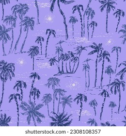 Hand drawn palm trees on the beach seamless pattern in purple colors. Summer holiday background. Exotic plants, island vacation, tropical flora, travel design.