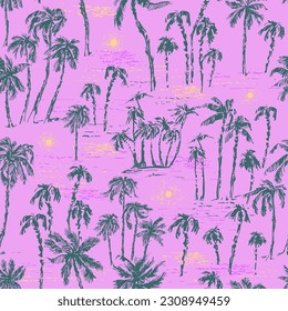 Hand drawn palm trees on the beach seamless pattern in pink and green. Summer night background. Exotic plants, island vacation, tropical flora, travel design.