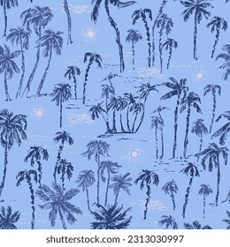 Hand drawn palm trees on the beach seamless pattern in blue colors. Summer holiday background. Exotic plants, island vacation, tropical flora, travel design.