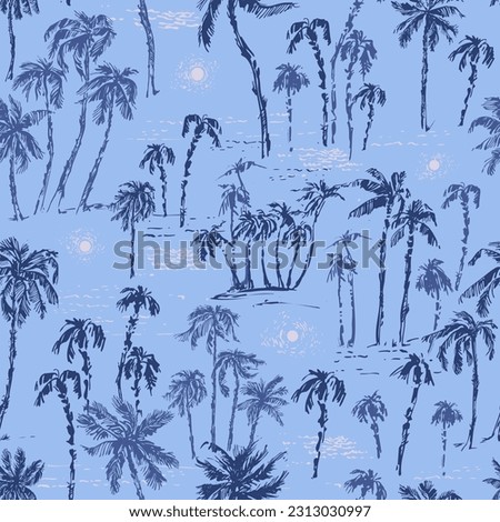 Hand drawn palm trees on the beach seamless pattern in blue colors. Summer holiday background. Exotic plants, island vacation, tropical flora, travel design.