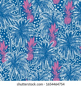 Hand drawn palm trees and pineapple with polka dots summer mood seamless pattern in vector EPS10 ,Design for fashion,fabric,web,wallpaper,wrapping and all prints on blue.