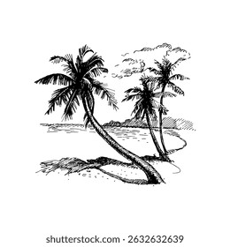 Hand drawn palm trees and sea ​​coast. Vintage sketch vector illustration