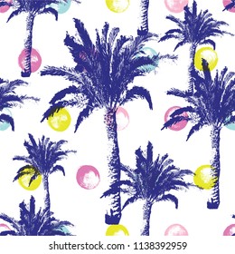 Hand drawn palm trees seamless pattern isolated on dotted brush background. Exotic trendy design with tropical coconut palm tree. Design element for t-shirt, textile print, web, poster. Vector