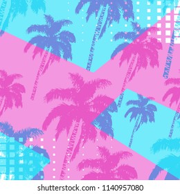 Hand drawn palm trees seamless pattern isolated on abstract geometric backdrop. Exotic pop art cover with tropical coconut palm tree. Card for t-shirt, textile print, web, poster. Vector illustration