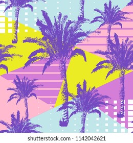 Hand drawn palm trees Seamless Pattern isolated on abstract geometric background. Exotic pop art design with tropical coconut palm tree. For t-shirt, textile print, web, poster. Vector illustration