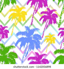 Hand drawn palm trees seamless pattern isolated on abstract geometric background. Exotic pop art design with tropical coconut palm tree. Design element for t-shirt, textile print, web, poster. Vector