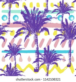 Hand drawn palm trees seamless pattern isolated on abstract tribal brush background. Exotic trendy design with tropical coconut palm tree. Design element for t-shirt, textile print, web, poster