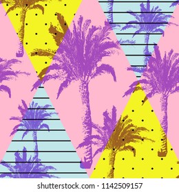 Hand drawn palm trees seamless pattern isolated on abstract geometric background. Exotic pop art design with tropical coconut palm tree. Design element for t-shirt, textile print, web, poster. Vector