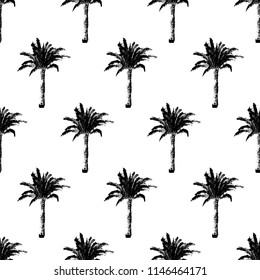 Hand drawn palm trees seamless pattern. Exotic trendy background with tropical coconut palm tree. Design element for t-shirt, textile print, web, poster, cover, flyer, brochure. Vector illustration