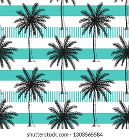 Hand drawn palm trees seamless pattern. Horizontal stripes color line.