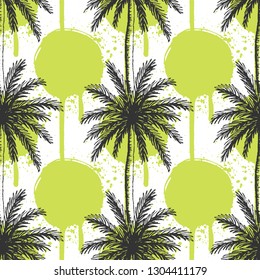 Hand drawn palm trees seamless pattern with green paint splatters.
