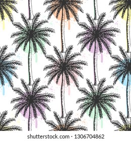 Hand drawn palm trees seamless pattern with colorful paint splatters.