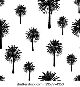 Hand drawn palm trees seamless pattern. Exotic background with tropical coconut palm tree. Fashion Design element for t-shirt, textile print, web, cover, brochure. Vector illustration eps 10 file.