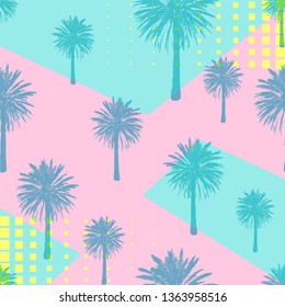 Hand drawn palm trees seamless pattern isolated on abstract geometric backdrop. Exotic pop art cover with tropical coconut palm tree. Card for t-shirt, textile print, web, poster. Vector illustration