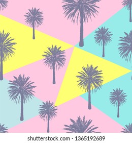Hand drawn palm trees seamless pattern isolated on abstract geometric background. Exotic pop art design with tropical coconut palm tree. Design element for t-shirt, textile print, web, poster. Vector