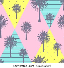 Hand drawn palm trees seamless pattern isolated on abstract geometric backdrop. Exotic pop art cover with tropical coconut palm tree. Card for t-shirt, textile print, web, poster. Vector illustration