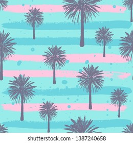 Hand drawn Palm trees seamless pattern isolated on brush background. Exotic trendy design with tropical coconut palm tree. Design element for t-shirt, textile print, web, poster. Vector illustration