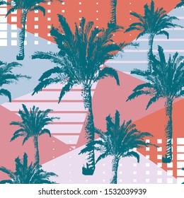 Hand drawn palm trees Seamless Pattern isolated on abstract geometric background. Exotic pop art design with tropical coconut palm tree. For t-shirt, textile print, web, poster. Vector illustration