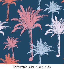 Hand drawn palm trees Seamless Pattern isolated on blue background. Exotic fabric design with tropical coconut palm tree. Design element for t-shirt, textile print, web, poster. Vector illustration