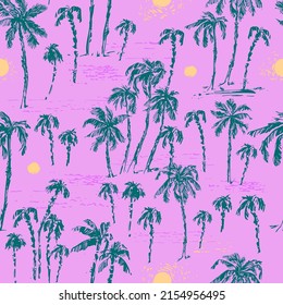 Hand drawn palm trees seamless pattern in pink and green. Summer holiday background. Exotic plants, island vacation, tropical flora, travel design.