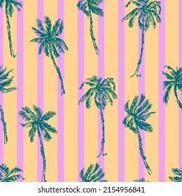 Hand drawn palm trees seamless pattern with stripes in green, pink, yellow. Summer holiday background. Exotic plants, island vacation, tropical flora, travel design.