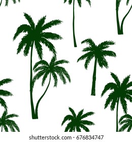 Hand drawn palm trees. Seamless pattern. Green. Vector illustration. 