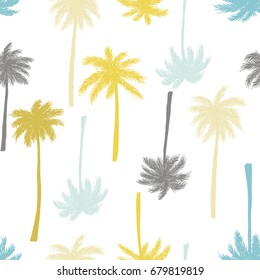 Hand drawn palm trees. Seamless pattern. Grey and yellow. Vector illustration. 