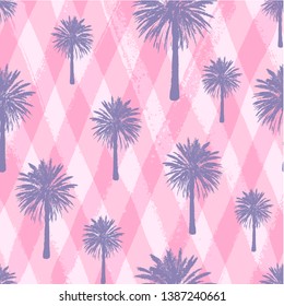 Hand drawn Palm trees shevron pattern isolated on brush background. Exotic trendy design with tropical coconut palm tree. Design element for t-shirt, textile print, web, poster. Vector illustration