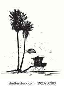 Hand drawn palm trees silhouette on beach with  lifeguard tower. Sunset in the ocean