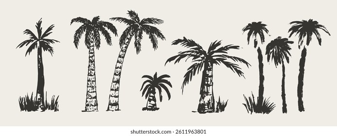 Hand drawn palm trees. Sketch palms. Design for logo, brand, card, book illustration, business identity. Vector icon.