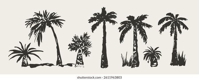 Hand drawn palm trees. Sketch palms. Design for logo, brand, card, book illustration, business identity. Vector icon.