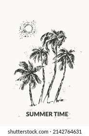 Palmeras dibujadas a mano y juego de sketch de tinta negra solar. Fondo de vacaciones de verano. Plantas exóticas, vacaciones en la isla, flora tropical, diseño de viajes.