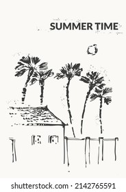 Hand drawn palm trees, sun, bungalow black ink sketch set. Summer holiday background. Exotic plants, island vacation, tropical flora, travel design.
