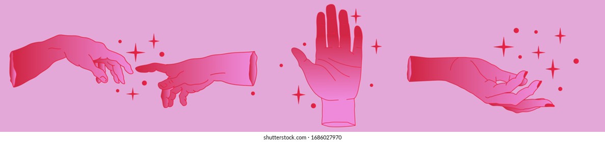 Hand drawn palms and arms in simple line art style. Vector illustration for tattoo design or fashion print.