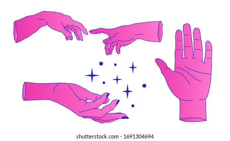 Hand drawn palms and arms in simple line art style. Vector illustration for tattoo design or fashion print.